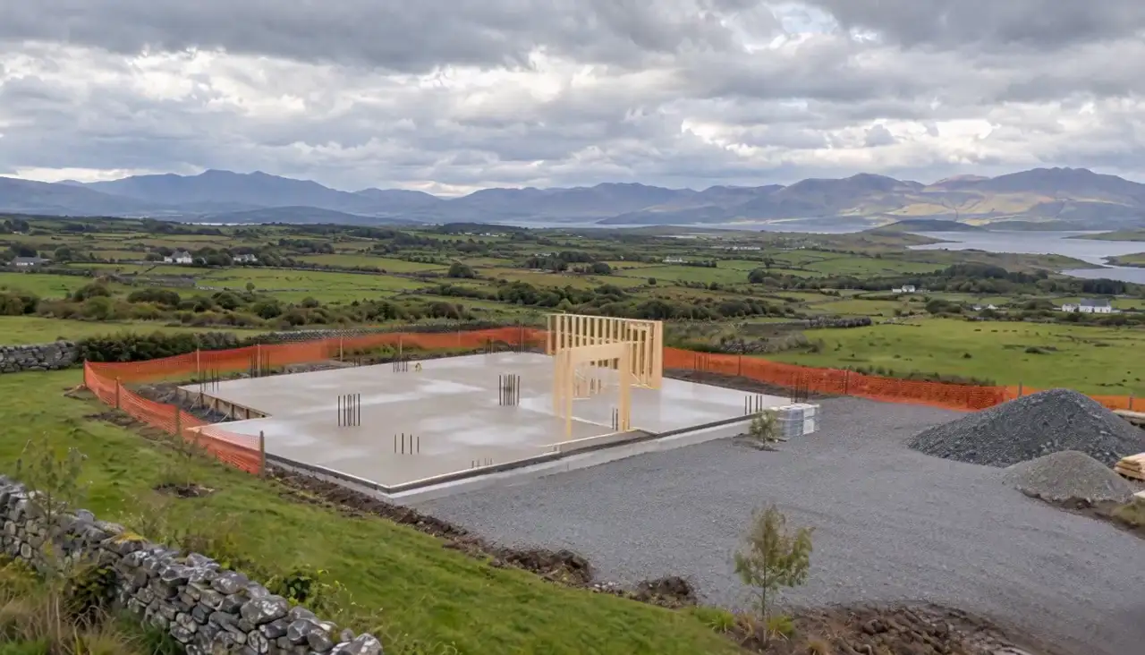 Poured concrete foundation slab on a rural Kerry plot