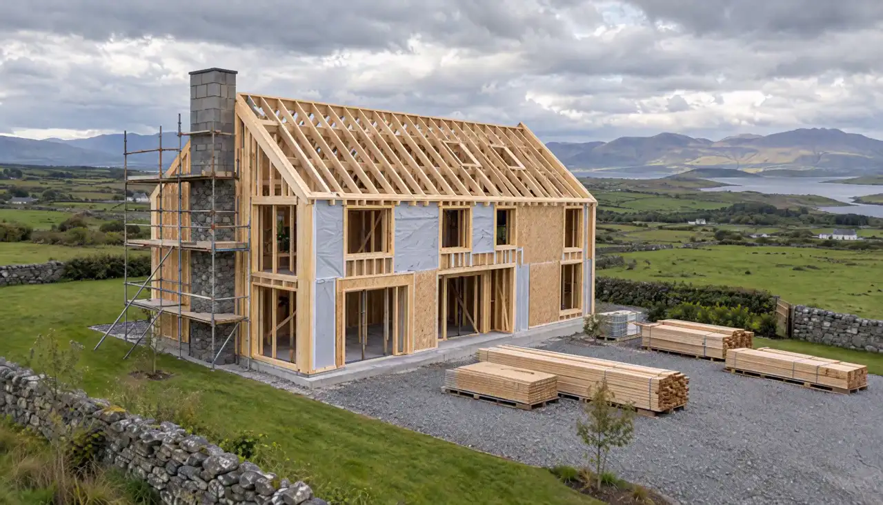 Two-storey timber frame rising on the foundation