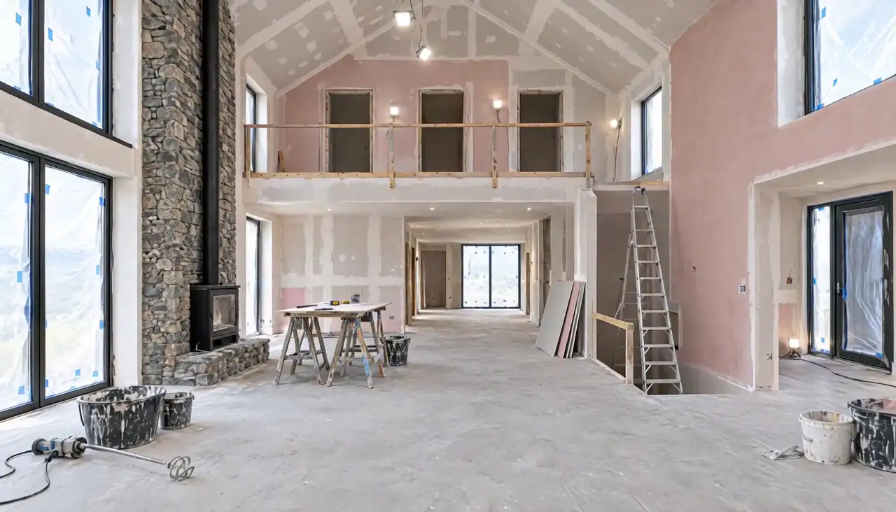 Double-height room with fresh plasterboard and plaster