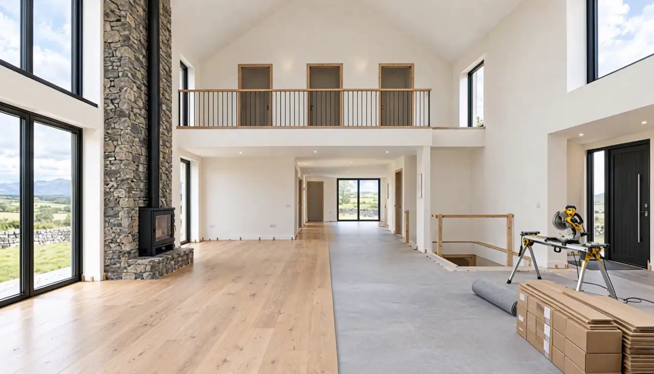 Oak plank floor being laid across the room