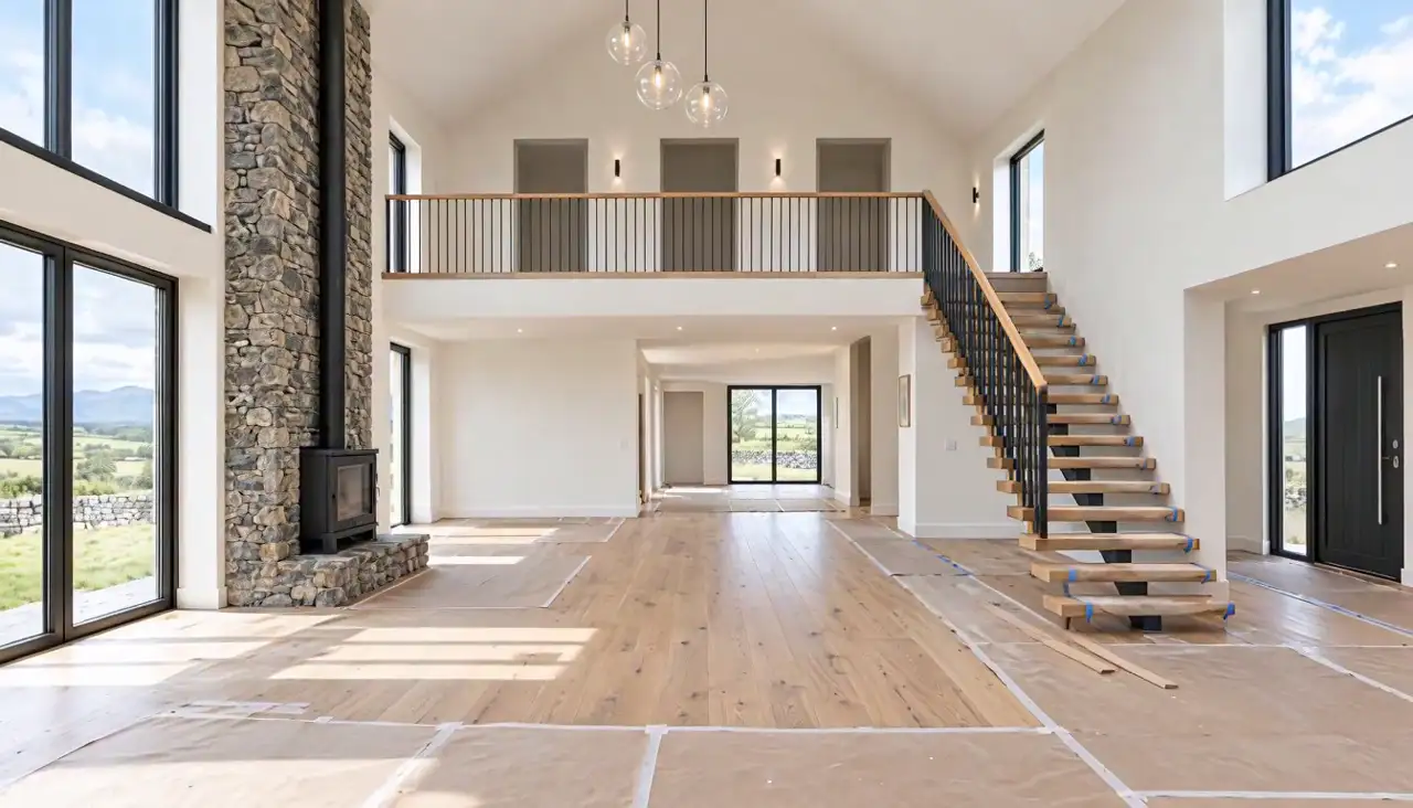 Oak staircase installed up to the gallery