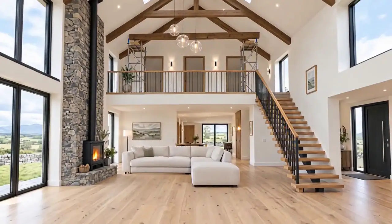 Oak beams fixed across the high ceiling