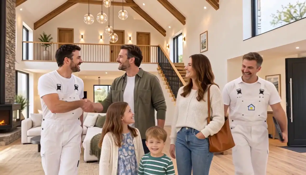 Family greeting the builders in the finished living room